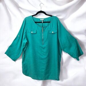 Ellen Tracy All Linen Top Roll Tab Sleeve Half Zip Pockets‎ Woman XXL Turquoise